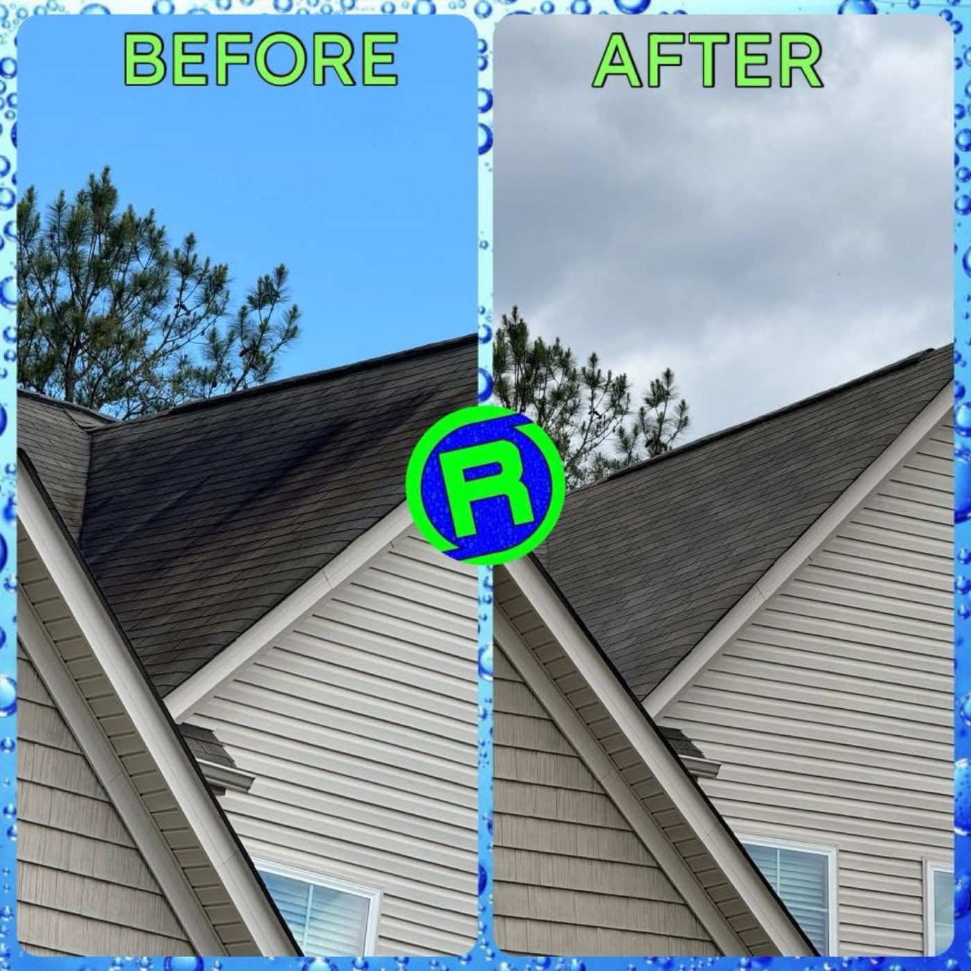 Shingle roof before and after soft washing