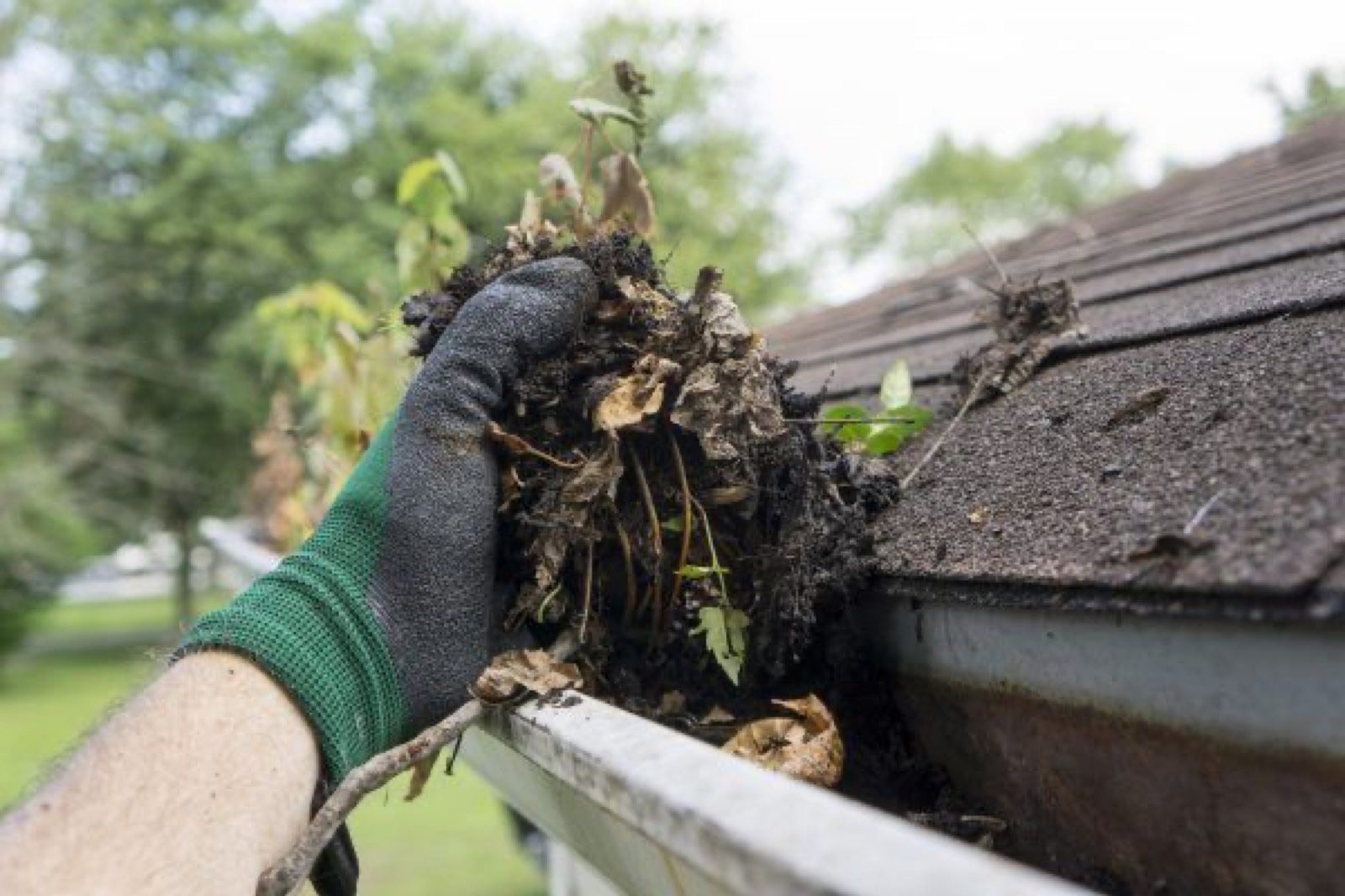 Gutter being cleared of debris by hand